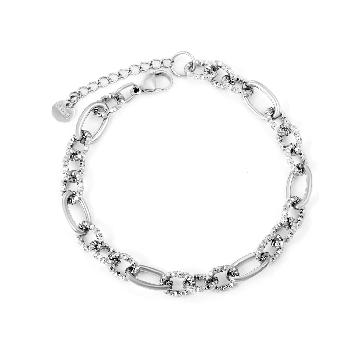 Width 8mm thickness 2mm oval shape with aspect ratio 3:1 embossed chain 18+3cm+6mm round end tag bracelet steel color/golden asonjewelry