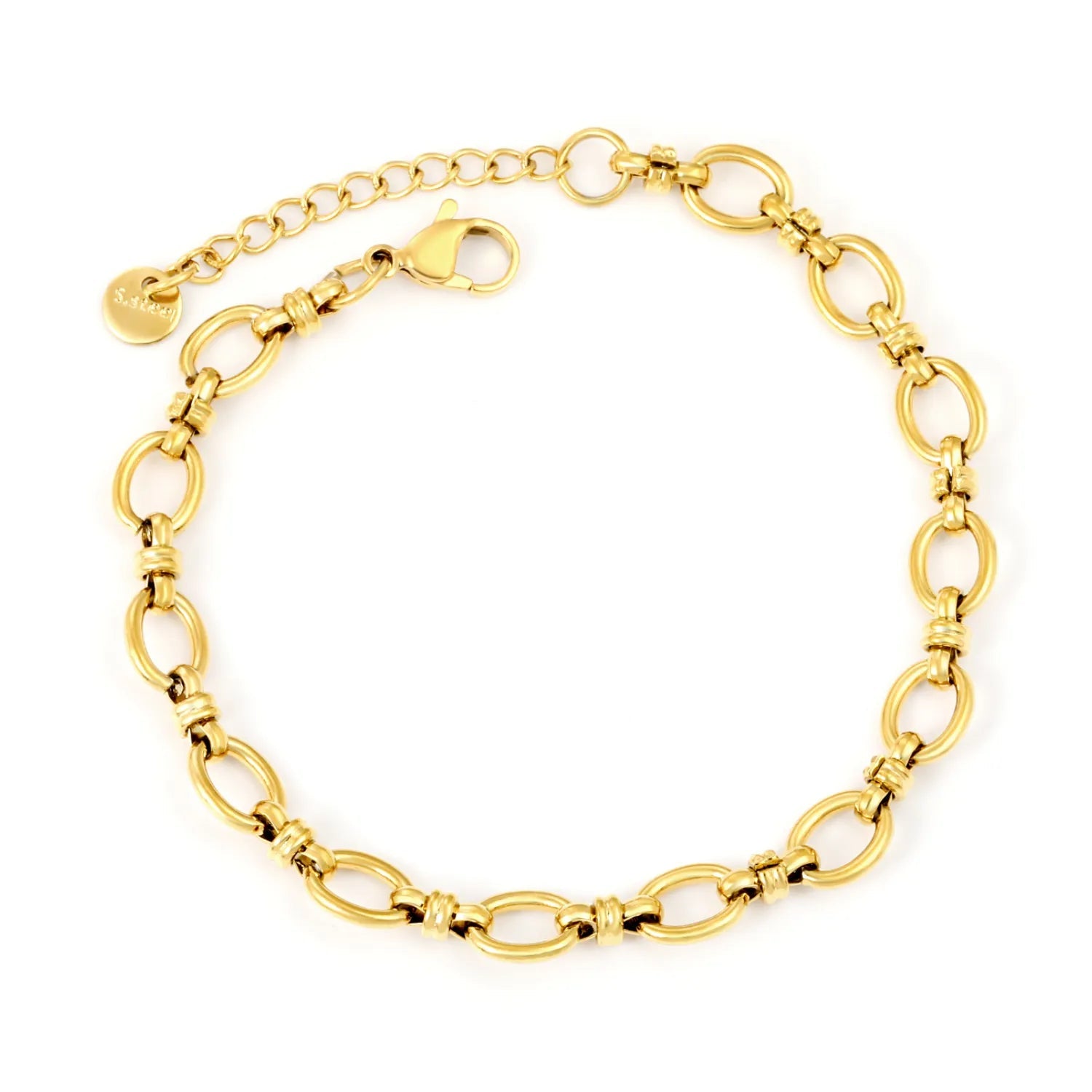 Width 7mm, thickness 1.4mm, oval chain, 18+3cm+6mm round end, brand name, bracelet, steel color/golden color asonjewelry
