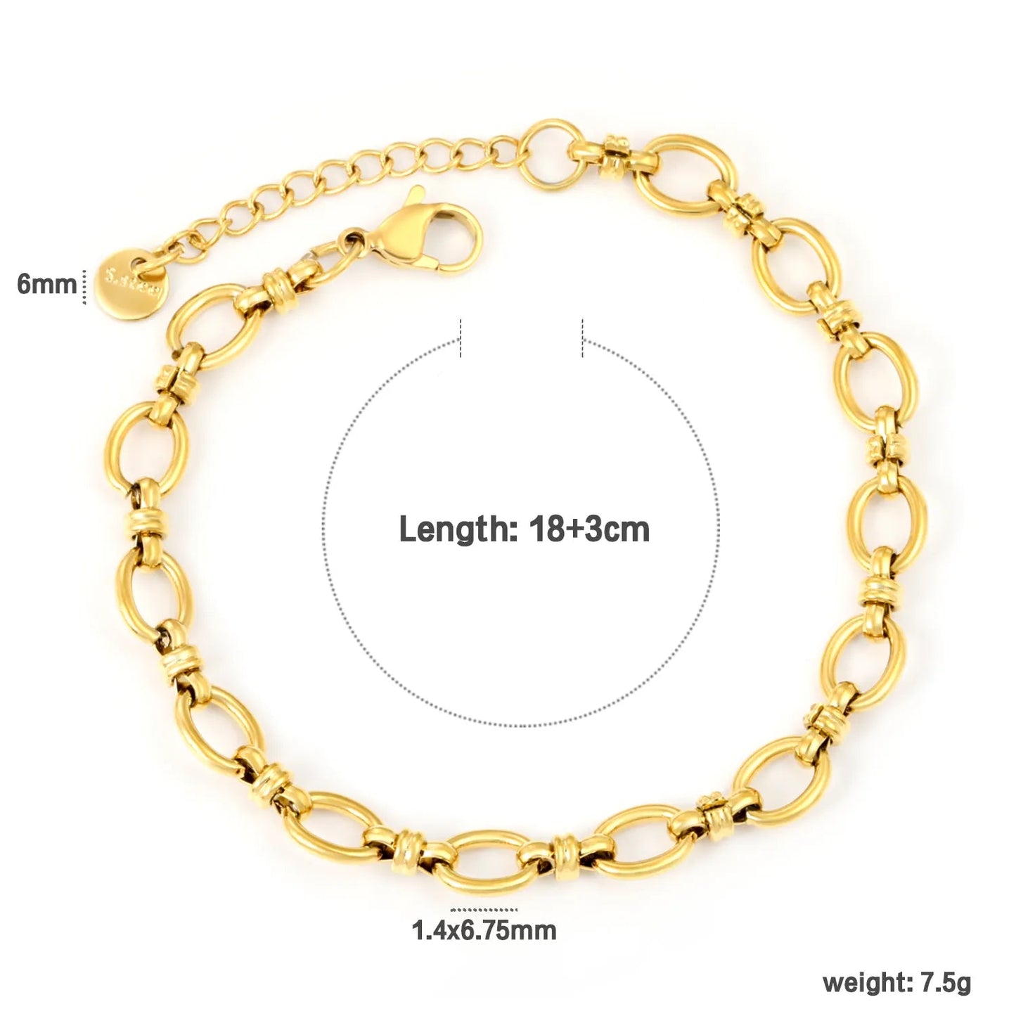 Width 7mm, thickness 1.4mm, oval chain, 18+3cm+6mm round end, brand name, bracelet, steel color/golden color asonjewelry