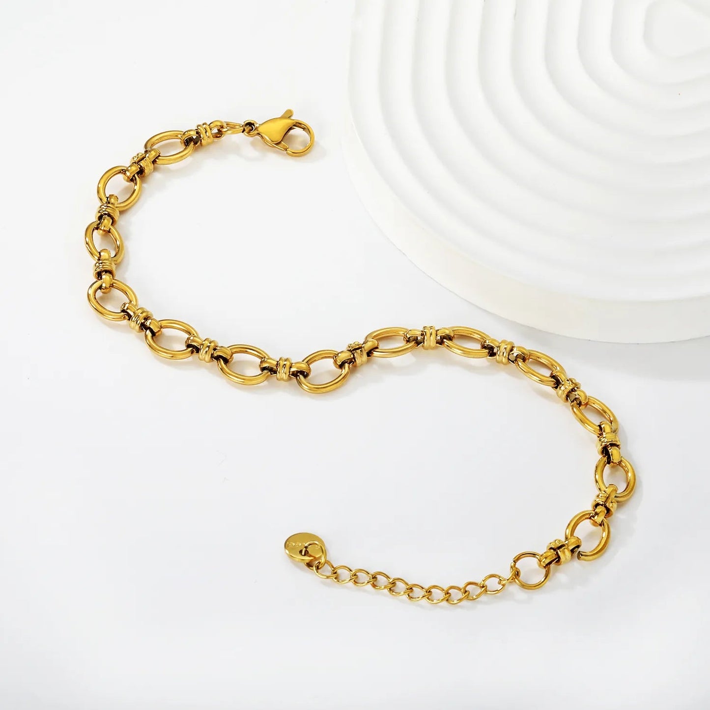 Width 7mm, thickness 1.4mm, oval chain, 18+3cm+6mm round end, brand name, bracelet, steel color/golden color asonjewelry