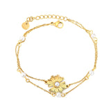 15*15mm irregular sunflower-shaped pearls, 2mm cross chain, 5 pieces of 4mm double-layered chains, 18+3cm+6mm round tail tag. Hand chain. Golden color.