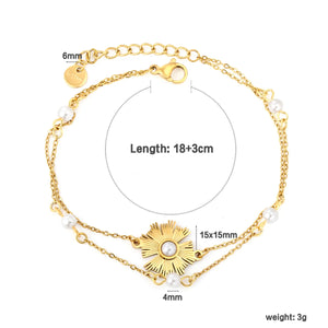 15*15mm irregular sunflower-shaped pearls, 2mm cross chain, 5 pieces of 4mm double-layered chains, 18+3cm+6mm round tail tag. Hand chain. Golden color.