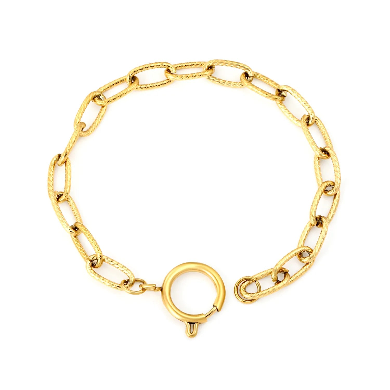 Width: 6mm, Thickness: 1.4mm, Threaded chain: 2.2*14mm in outer diameter, Chain length: 19cm, Includes circular spring clasp. Hand chain. Golden color. asonjewelry