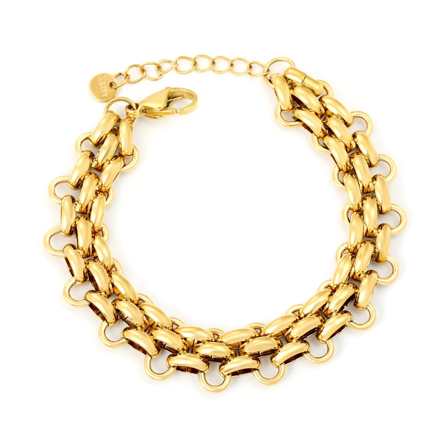 (LPB38301G model) 13.5mm wide, 5.5mm thick woven Cuban chain bracelet, 18.5 + 3cm + 6mm round end tag, steel color/gold color asonjewelry