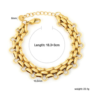 (LPB38301G model) 13.5mm wide, 5.5mm thick woven Cuban chain bracelet, 18.5 + 3cm + 6mm round end tag, steel color/gold color asonjewelry