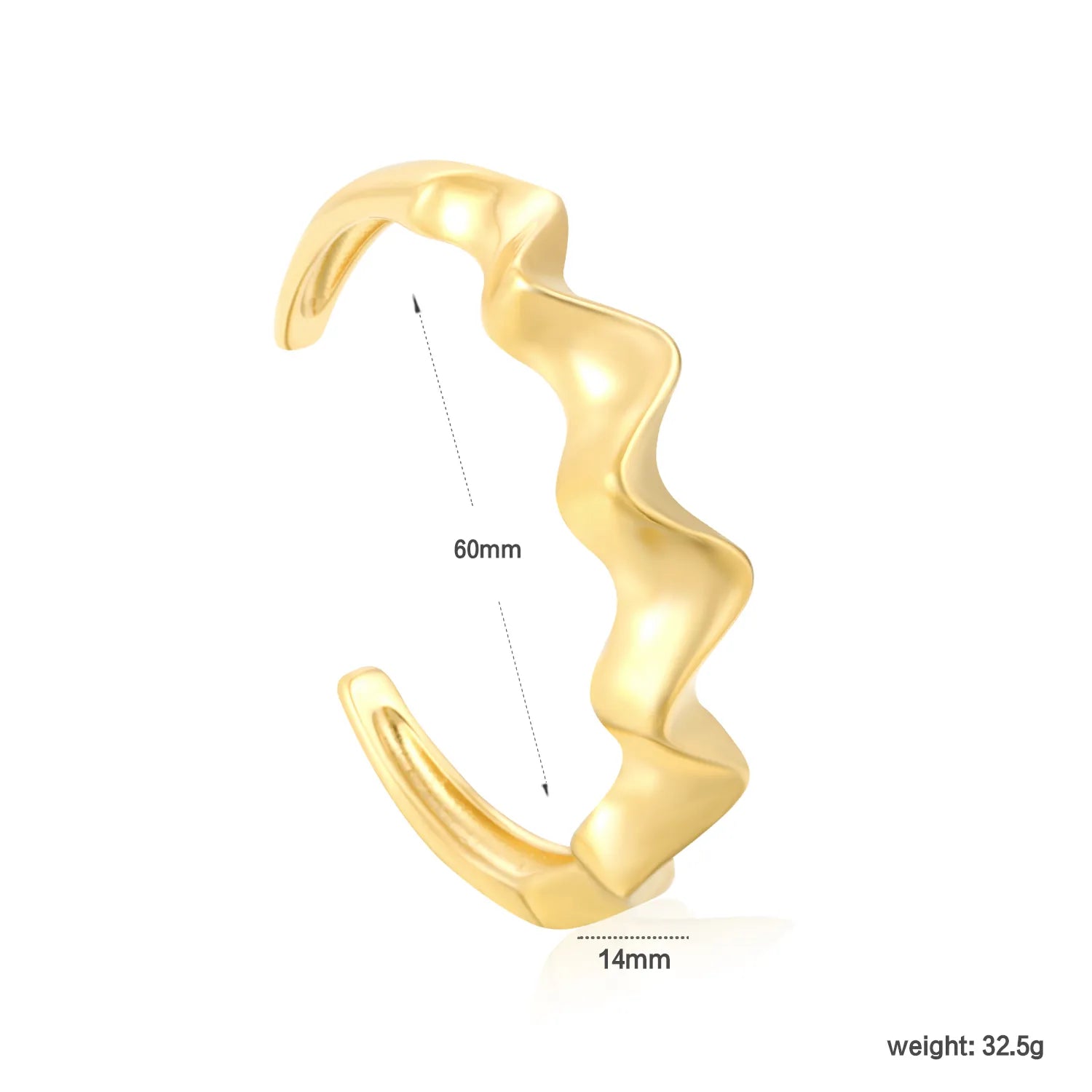 Width 14mm, inner diameter 60mm, irregular smooth textured wave silk satin bracelet, gold color - Asonjewelry