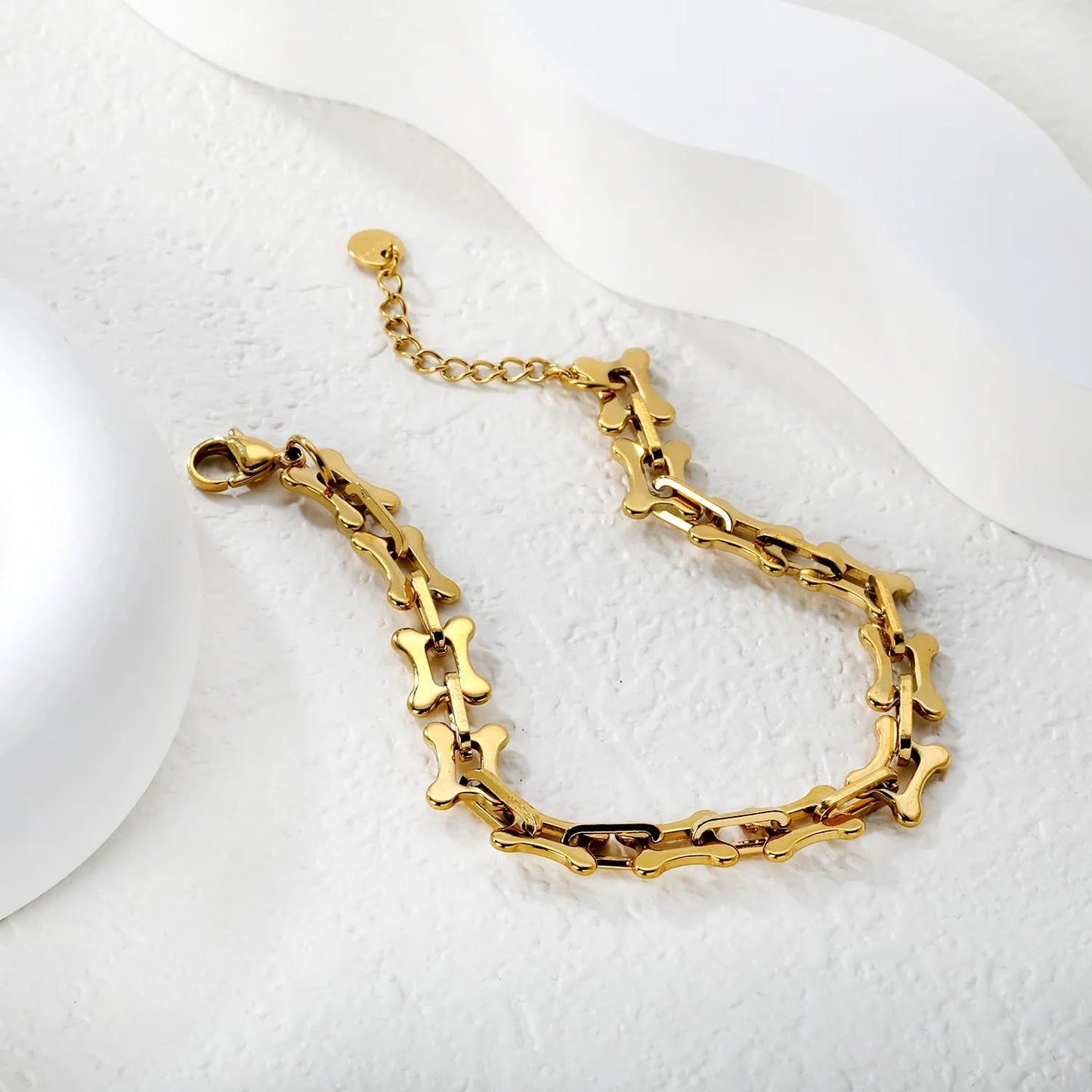 Width: 8.5mm, Thickness: 1.5mm, Length: O-shaped connection, imitation bone, 18+3cm+6mm round tail, brand name: Hand chain, steel color/Golden asonjewelry