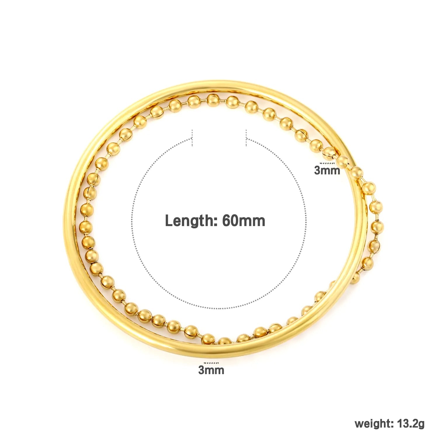Width 3mm, inner diameter 60mm, 3mm round beads, 20cm bracelet, gold color asonjewelry