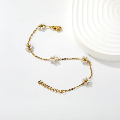 5 steel beads + 6 white pearl-shaped 18+3cm bracelet in gold color asonjewelry
