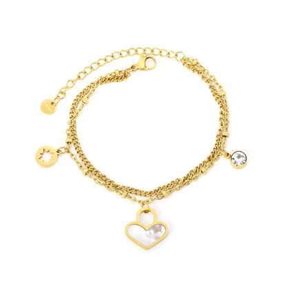 Cylinder white diamond + lucky star + heart-shaped white shell bead chain double bracelet 17 + 5cm + 6mm bracelet, gold color asonjewelry