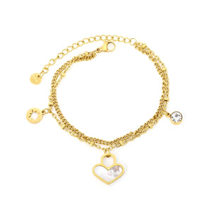 Cylinder white diamond + lucky star + heart-shaped white shell bead chain double bracelet 17 + 5cm + 6mm bracelet, gold color asonjewelry
