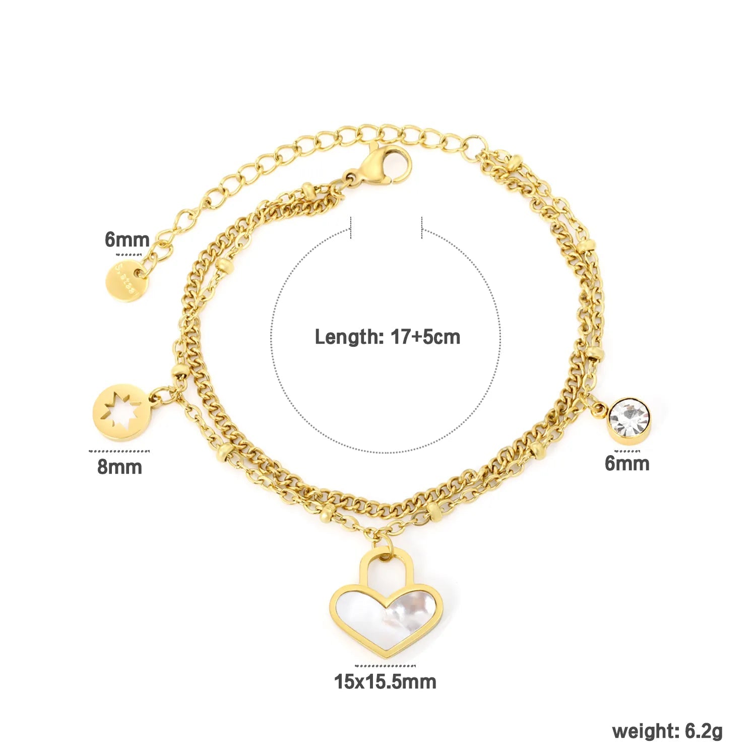 Cylinder white diamond + lucky star + heart-shaped white shell bead chain double bracelet 17 + 5cm + 6mm bracelet, gold color asonjewelry