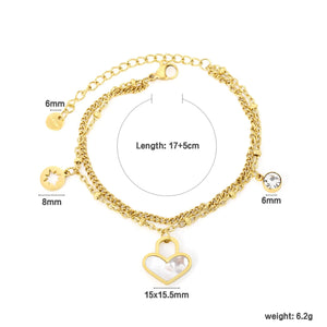 Cylinder white diamond + lucky star + heart-shaped white shell bead chain double bracelet 17 + 5cm + 6mm bracelet, gold color asonjewelry