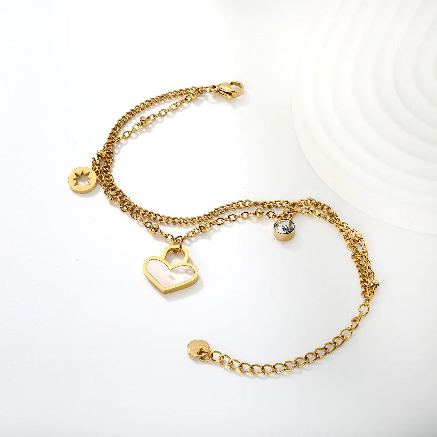 Cylinder white diamond + lucky star + heart-shaped white shell bead chain double bracelet 17 + 5cm + 6mm bracelet, gold color asonjewelry