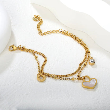 Cylinder white diamond + lucky star + heart-shaped white shell bead chain double bracelet 17 + 5cm + 6mm bracelet, gold color asonjewelry
