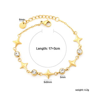 9*8mm, 5 stars are connected, 5mm, 4 white/blue round diamonds, 0.4 cross chain, 17+3cm+6mm round end tag, bracelet, gold color asonjewelry