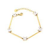7mm white/blue round diamonds 23*2mm bamboo-shaped straight bar 17+3cm+6mm round tail tag bracelet in gold color