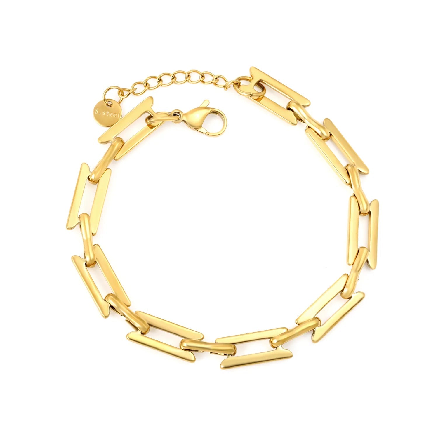 Width: 6.4mm, Thickness: 1.3mm, I-beam chain, 18+3cm+6mm round tail, brand name, bracelet, steel color/golden asonjewelry