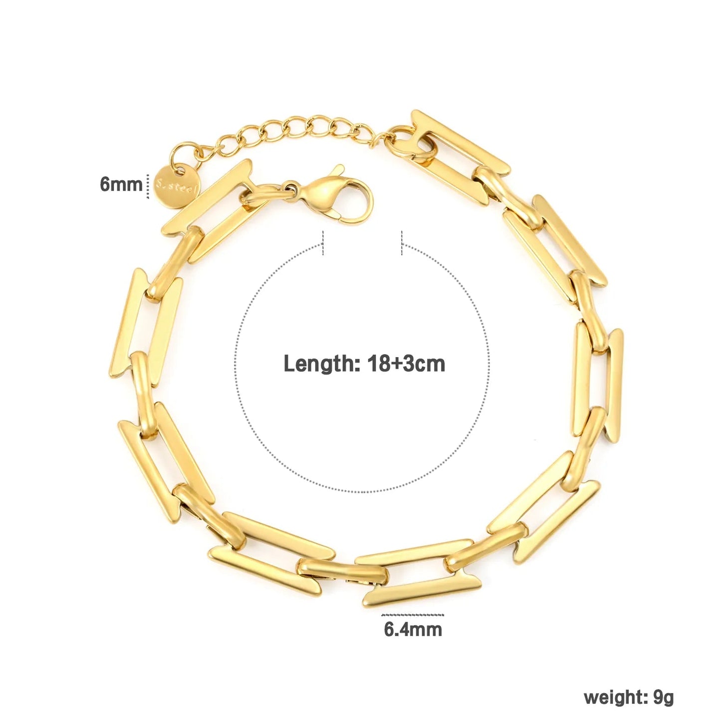 Width: 6.4mm, Thickness: 1.3mm, I-beam chain, 18+3cm+6mm round tail, brand name, bracelet, steel color/golden asonjewelry