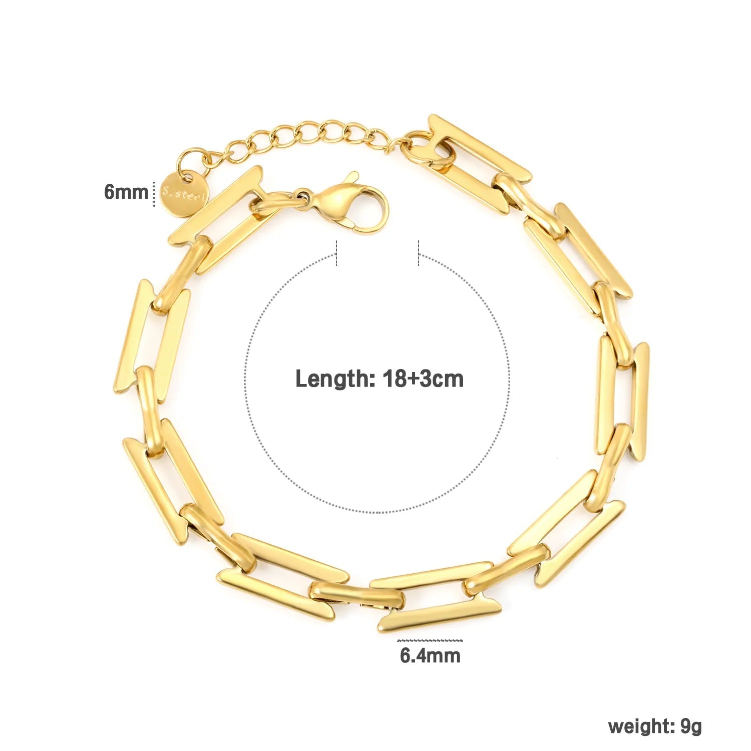Width: 6.4mm, Thickness: 1.3mm, I-beam chain, 18+3cm+6mm round tail, brand name, bracelet, steel color/golden asonjewelry