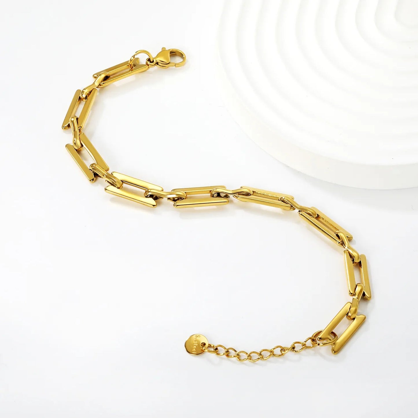 Width: 6.4mm, Thickness: 1.3mm, I-beam chain, 18+3cm+6mm round tail, brand name, bracelet, steel color/golden asonjewelry