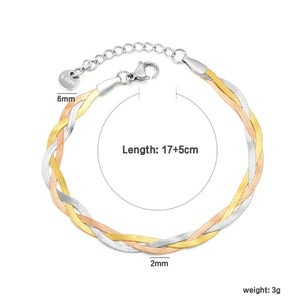 Bracelet 2mm Blade Chain Triple Braid 17+3cm + 6mm Round Tag Steel-Colored Two-Tone - Asonjewelry