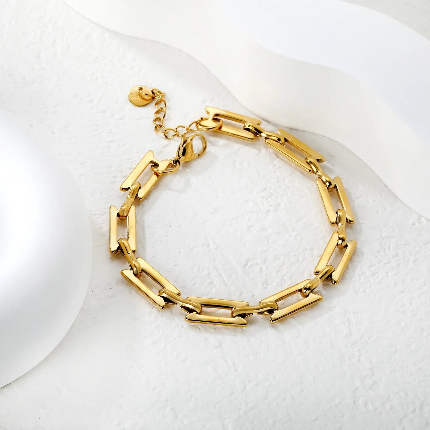 Width: 6.4mm, Thickness: 1.3mm, I-beam chain, 18+3cm+6mm round tail, brand name, bracelet, steel color/golden asonjewelry