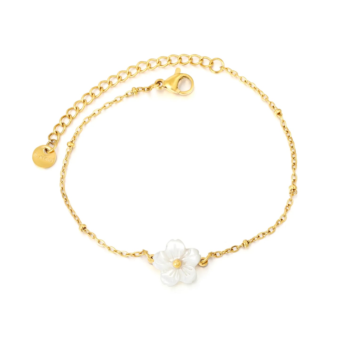 (Same as LPB95599G) White Shell Flower Clip-On Pearl Bracelet in Gold - Asonjewelry