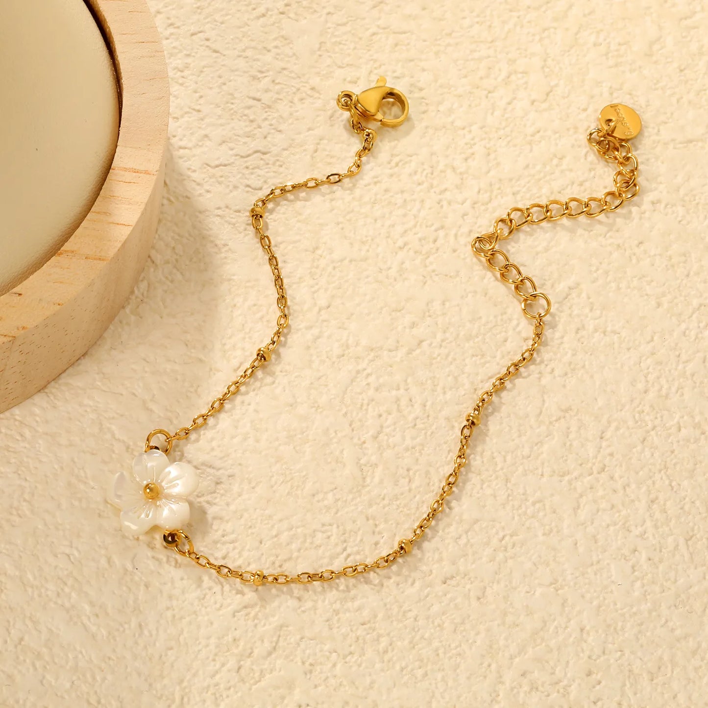 (Same as LPB95599G) White Shell Flower Clip-On Pearl Bracelet in Gold - Asonjewelry