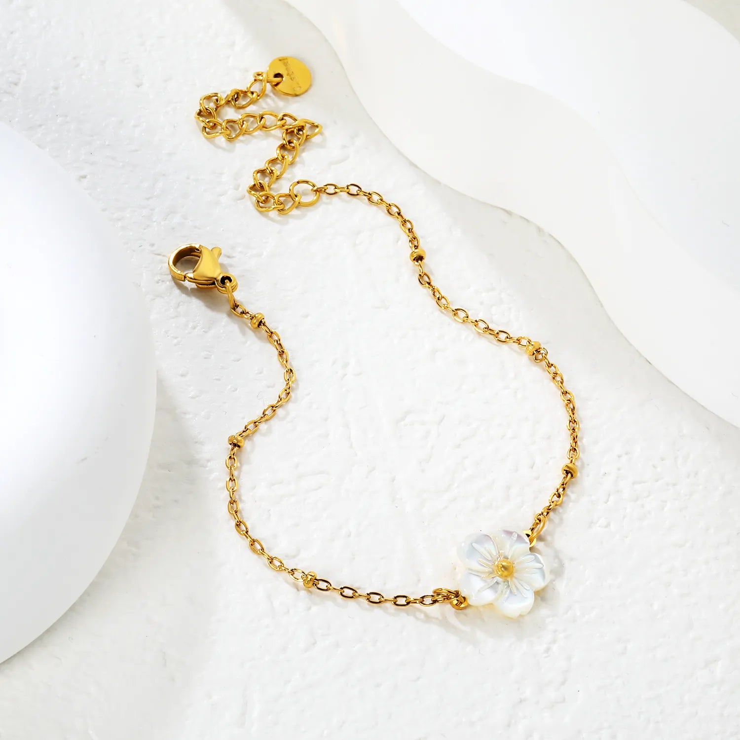 (Same as LPB95599G) White Shell Flower Clip-On Pearl Bracelet in Gold - Asonjewelry