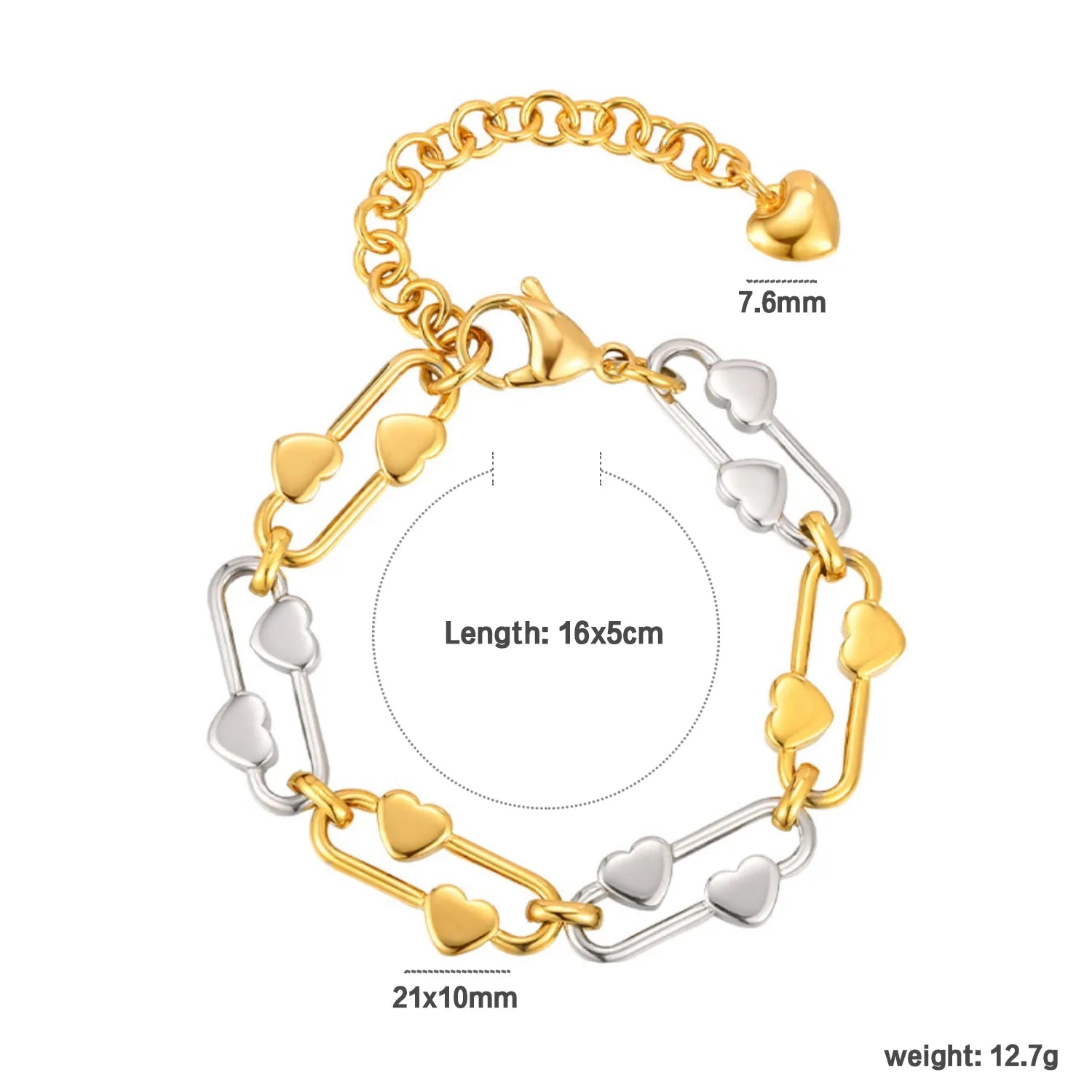 21*10mm Heart-Shaped Buckle Bracelet Steel/Gold/Two-Tone 16+5cm + 7.6mm 3D Heart-Shaped Tag asonjewelry