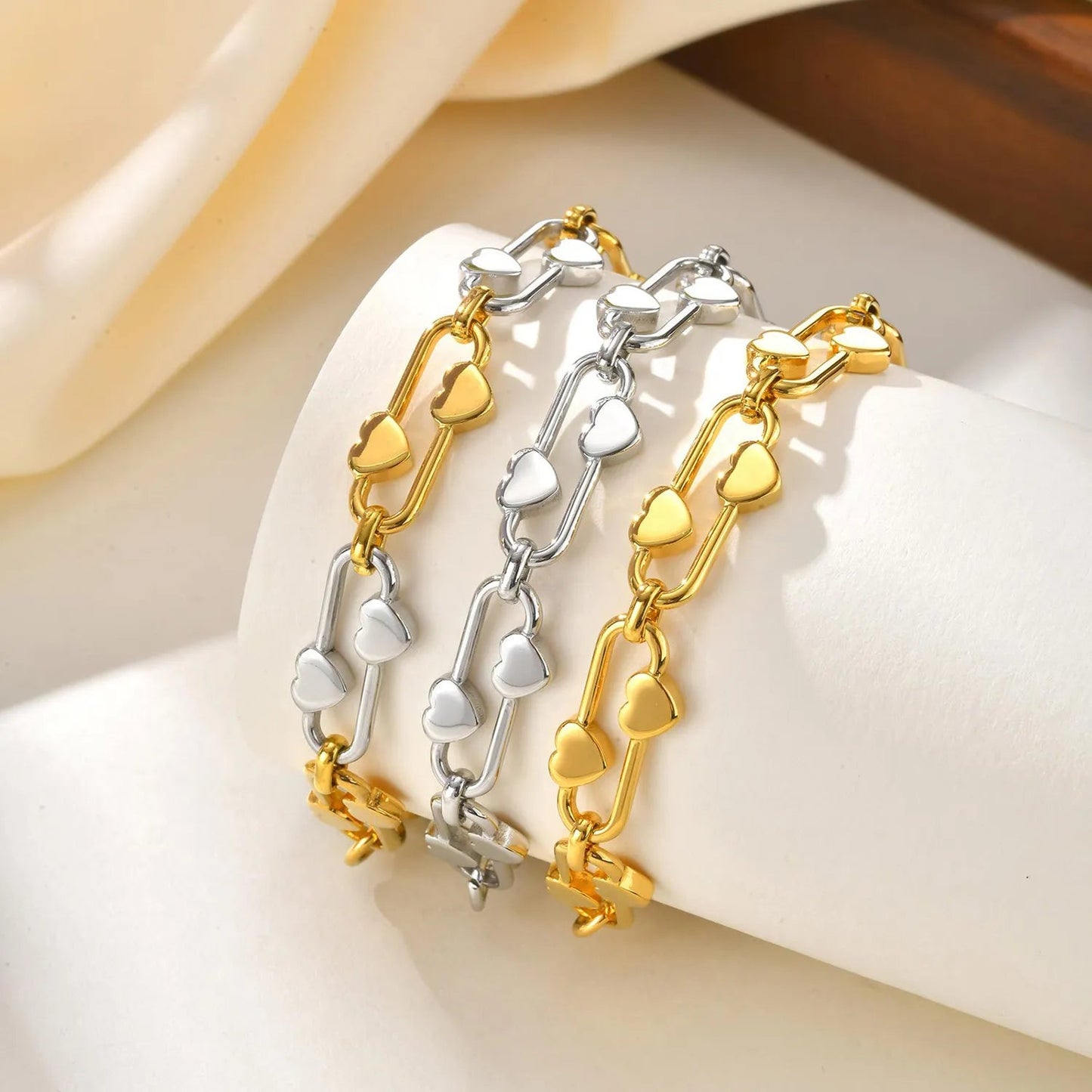 21*10mm Heart-Shaped Buckle Bracelet Steel/Gold/Two-Tone 16+5cm + 7.6mm 3D Heart-Shaped Tag asonjewelry