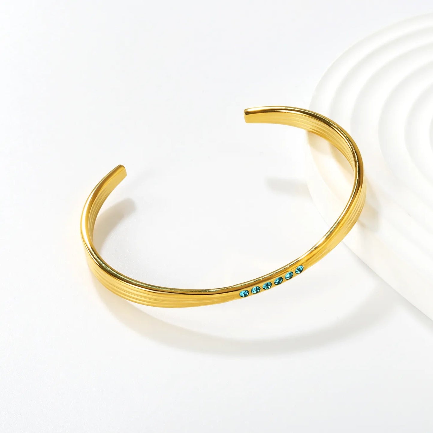 Gold & Two-Tone Gold Bangle 7mm Width * 60mm Inner Diameter with 6 Glued Blue Crystals Women Elegant Daily Casual Party Fashion Jewelry asonjewelry