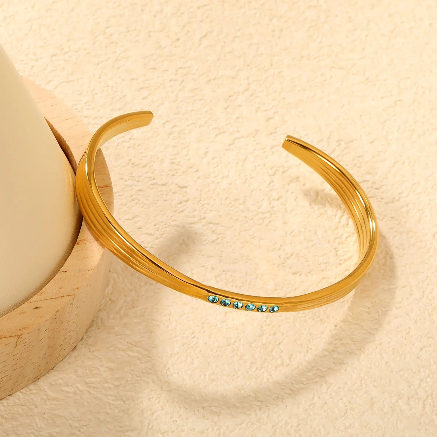 Gold & Two-Tone Gold Bangle 7mm Width * 60mm Inner Diameter with 6 Glued Blue Crystals Women Elegant Daily Casual Party Fashion Jewelry asonjewelry
