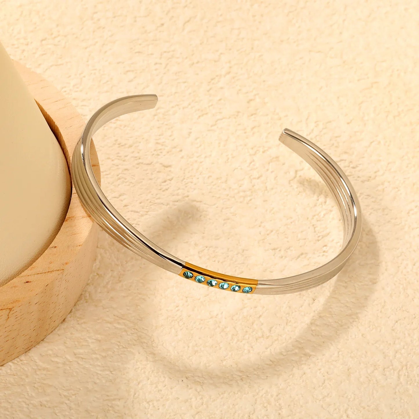 Gold & Two-Tone Gold Bangle 7mm Width * 60mm Inner Diameter with 6 Glued Blue Crystals Women Elegant Daily Casual Party Fashion Jewelry asonjewelry