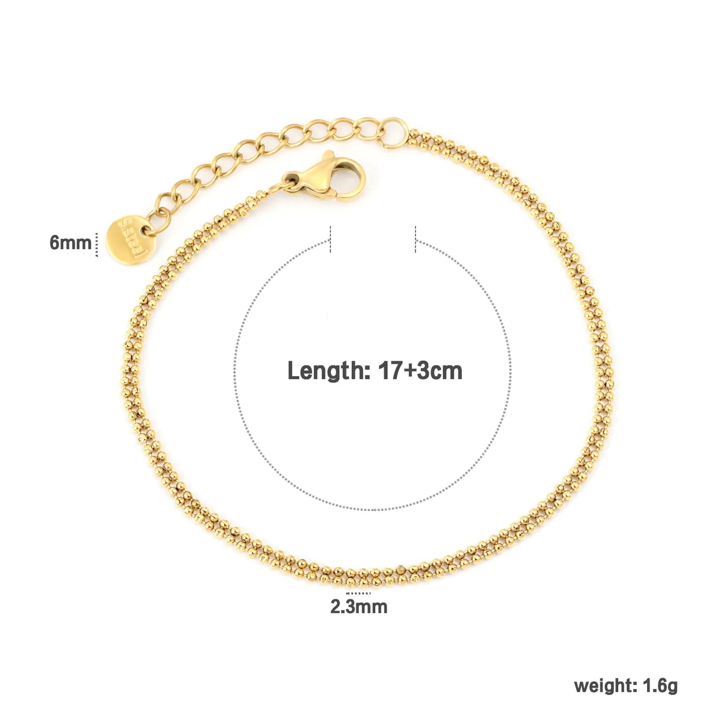Width: 2.3mm, Thickness: 1.2mm. Double-bead chain, 17+3cm+6mm in length. Round tail style bracelet. Steel color/Gold. asonjewelry