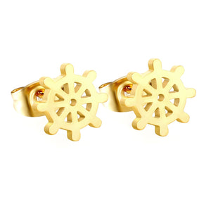 9.2mm Ship's Wheel-Shaped Stud Earrings, Steel/Gold, 10Pcs asonjewelry