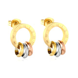 (Same as LPE18401S) Roman Numeral Openwork Round Stud Earrings + Mixed-Color Triple Hoop Earrings Steel Gray & Gold