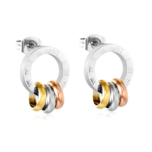 (Same as LPE18401S) Roman Numeral Openwork Round Stud Earrings + Mixed-Color Triple Hoop Earrings Steel Gray & Gold - Asonjewelry