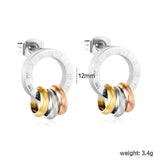 (Same as LPE18401S) Roman Numeral Openwork Round Stud Earrings + Mixed-Color Triple Hoop Earrings Steel Gray & Gold - Asonjewelry