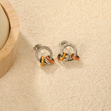 (Same as LPE18401S) Roman Numeral Openwork Round Stud Earrings + Mixed-Color Triple Hoop Earrings Steel Gray & Gold - Asonjewelry
