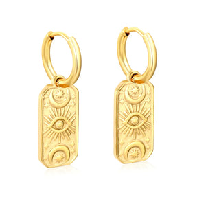 (Same as LPE15591G) Rectangular Brand Devil's Eye Moon Star Sun Pendant Earrings in Gold - Asonjewelry