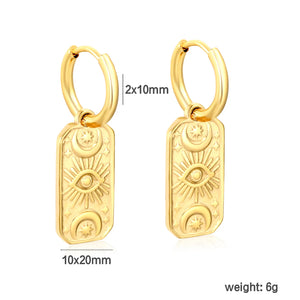(Same as LPE15591G) Rectangular Brand Devil's Eye Moon Star Sun Pendant Earrings in Gold - Asonjewelry