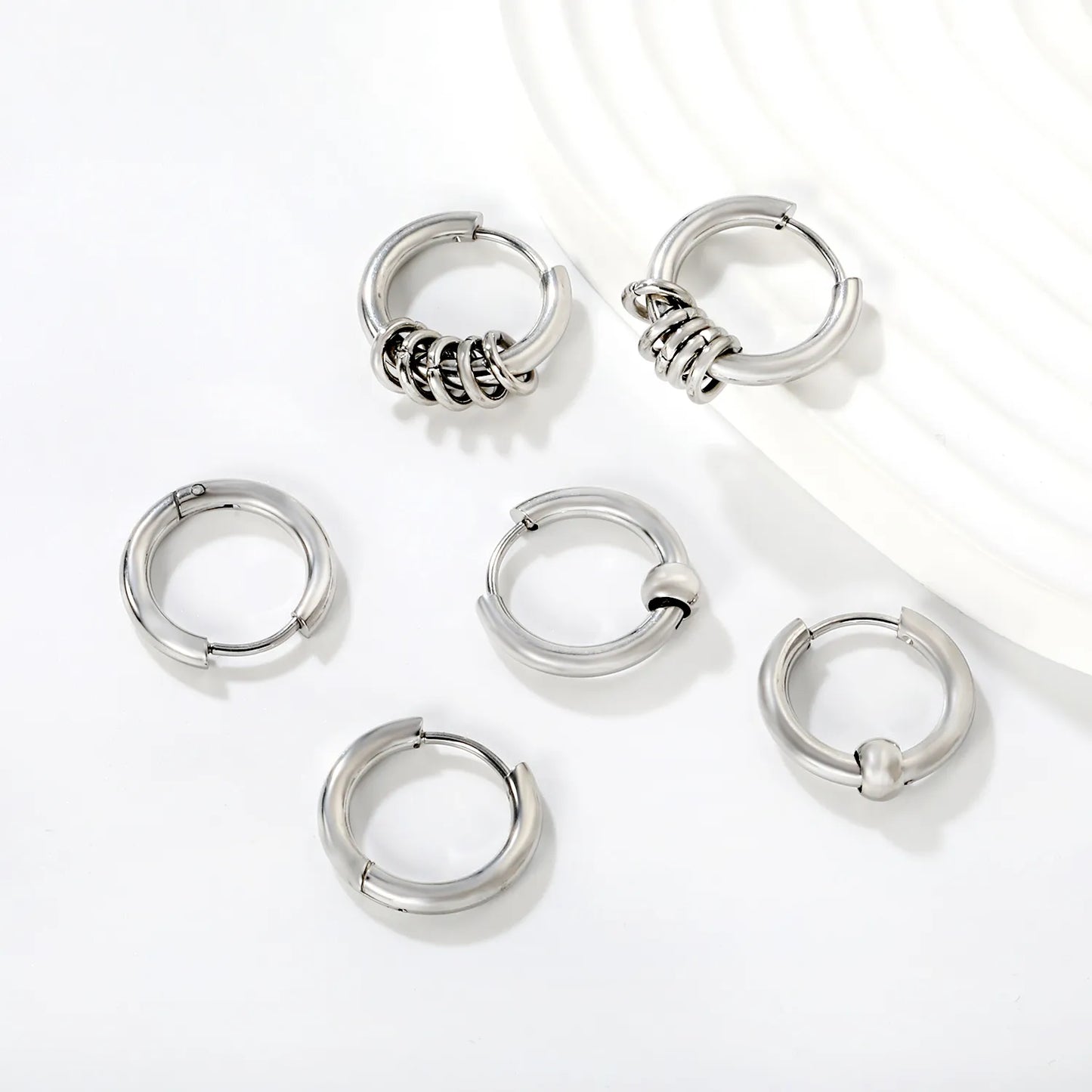 (Same as LPE12541S) Three-Pair Coil Earrings, Steel Color - Asonjewelry