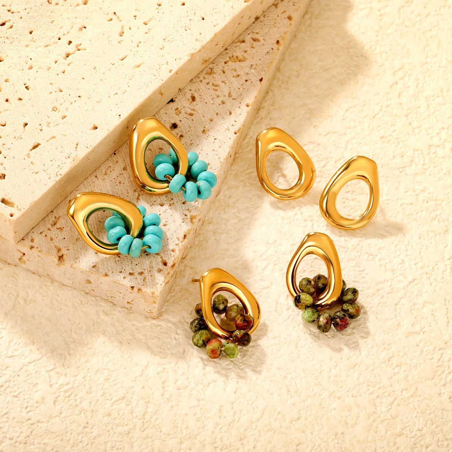 12*17mm Openwork Teardrop Earrings Gold + 9x 4mm Turquoise/Peridot Earrings Gold - Asonjewelry