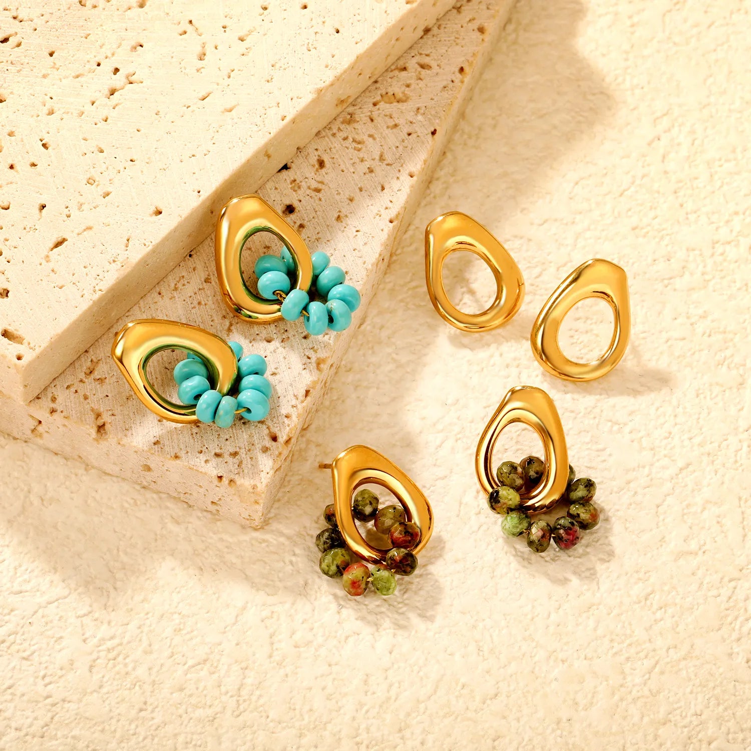 12*17mm Openwork Teardrop Earrings Gold + 9x 4mm Turquoise/Peridot Earrings Gold - Asonjewelry