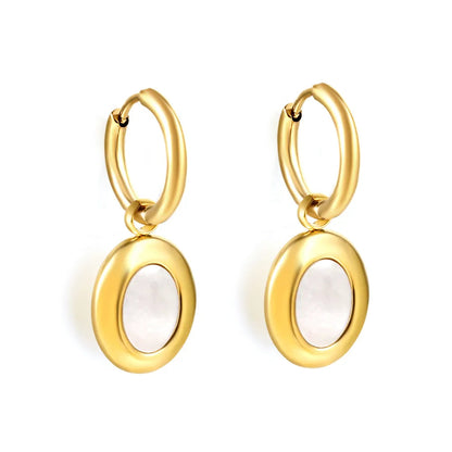 Earrings 2.0*10mm inner diameter, ear clasp 12*15mm/13*15mm, oval flat white mother-of-pearl, steel/gold color asonjewelry