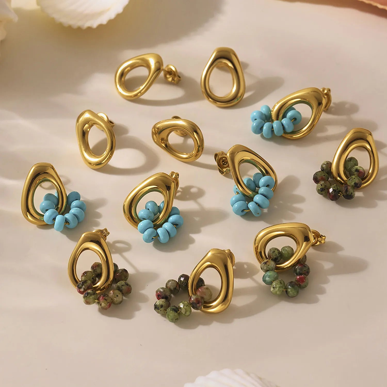 12*17mm Openwork Teardrop Earrings Gold + 9x 4mm Turquoise/Peridot Earrings Gold - Asonjewelry