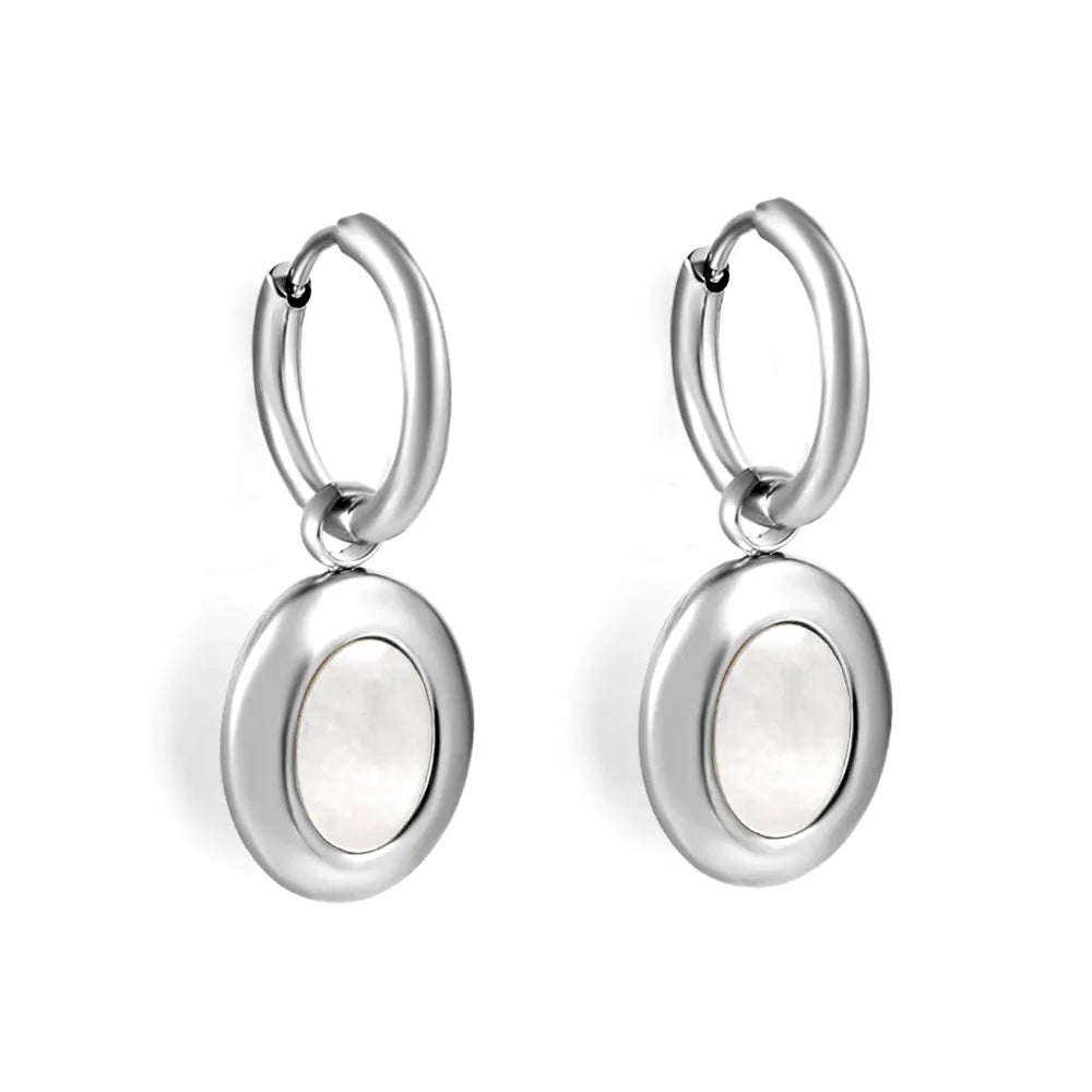 Earrings 2.0*10mm inner diameter, ear clasp 12*15mm/13*15mm, oval flat white mother-of-pearl, steel/gold color asonjewelry