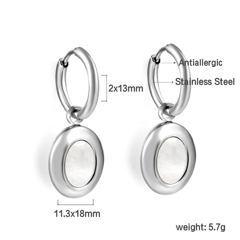 Earrings 2.0*10mm inner diameter, ear clasp 12*15mm/13*15mm, oval flat white mother-of-pearl, steel/gold color asonjewelry